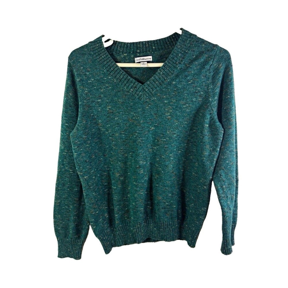 Croft & Barrow Women’s M Green Speckled Knit V-Neck Long Sleeve Pullover Sweater